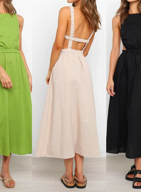 Sexy Sleeveless Sling Open Back Elasticized Waist Maxi Dress