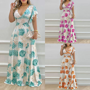 Elegant and stylish V-neck printed dress 优雅V领印花连衣裙女