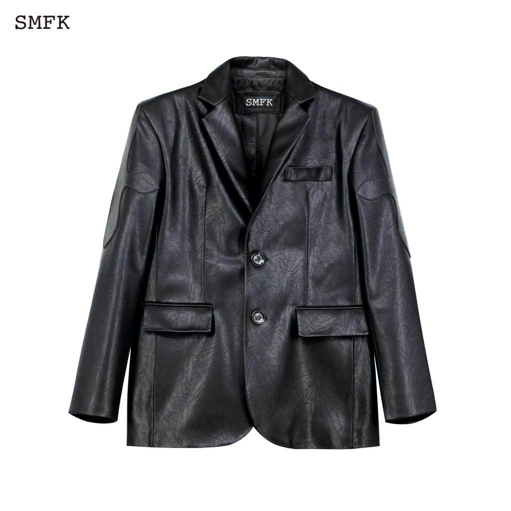 smfk官方午夜花臂十字花西装人造皮半手工大版皮衣西服潮牌外套