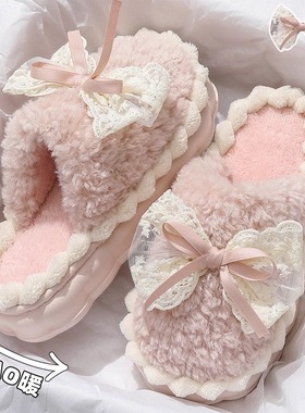 2025新款冬季棉拖鞋毛绒女士室内家居加厚底防滑蝴蝶结毛毛鞋保暖