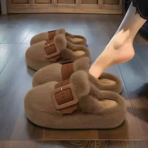 2025冬款时尚皮带扣外穿防滑毛毛绒棉鞋女超暖百搭厚底棉拖鞋