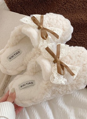 2025新款棉拖鞋时尚甜美可爱蝴蝶结月子鞋女冬季学生居家拖鞋防滑