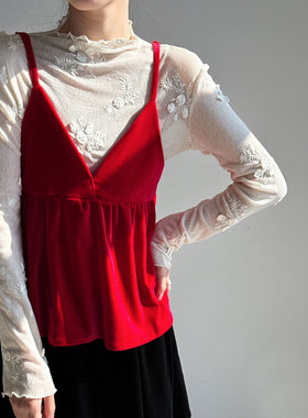 鹿西韩系气质叠穿高级感丝绒吊带短裙女春新款v领遮肉上衣99017