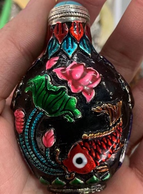 古玩收藏品纯铜藏银彩绘年年有鱼鼻烟壶烟具内画鼻烟壶民间特色