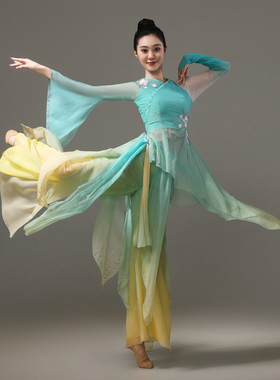古典舞蹈服黄绿色胶州秧歌打鼓服表演服独舞扇子舞飘逸中国风男女