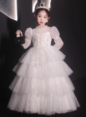 白色女童礼服秋季长袖花童婚礼小女孩婚纱公主裙儿童主持人演出服