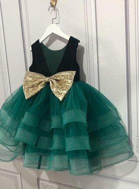 女童礼服周岁生日公主裙墨绿色丝绒气质网纱蝴蝶结钢琴走秀蓬蓬裙