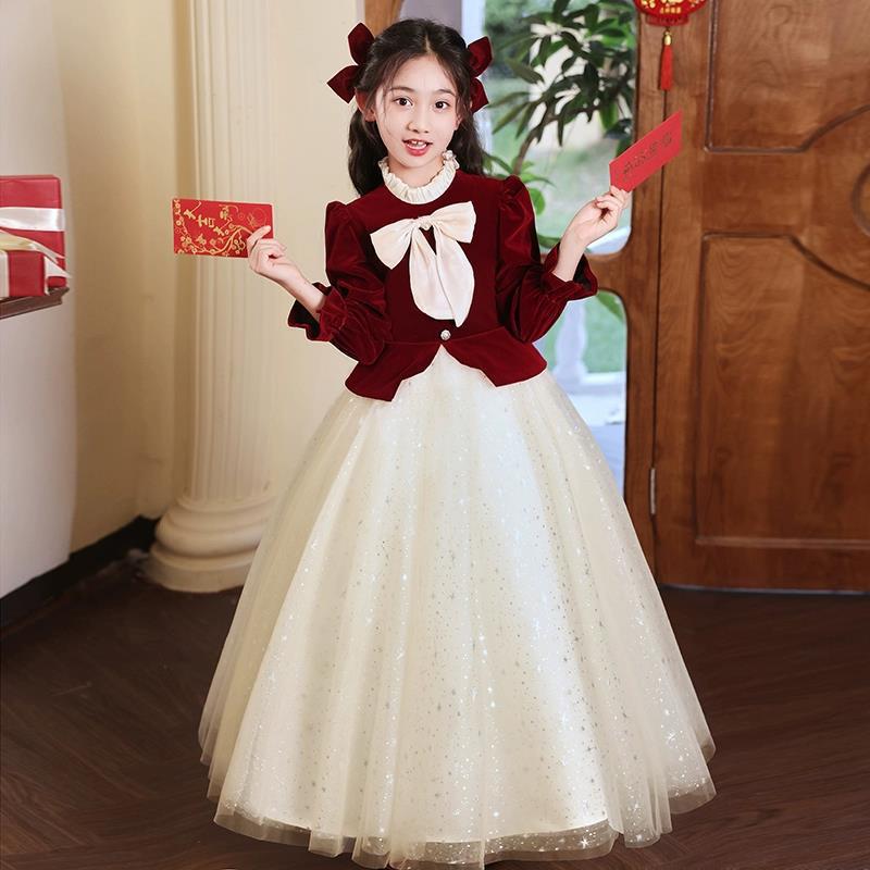 儿童礼服公主裙红色长袖女童生日晚礼服女孩主持人黑色钢琴演出服