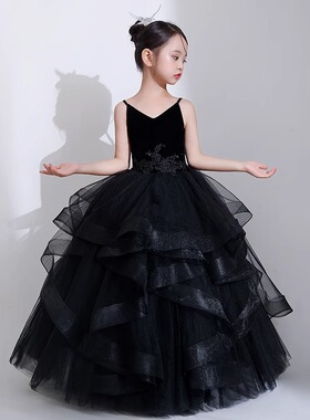 女童礼服法式小众黑色吊带蓬蓬公主裙生日走秀钢琴考级演出服高端