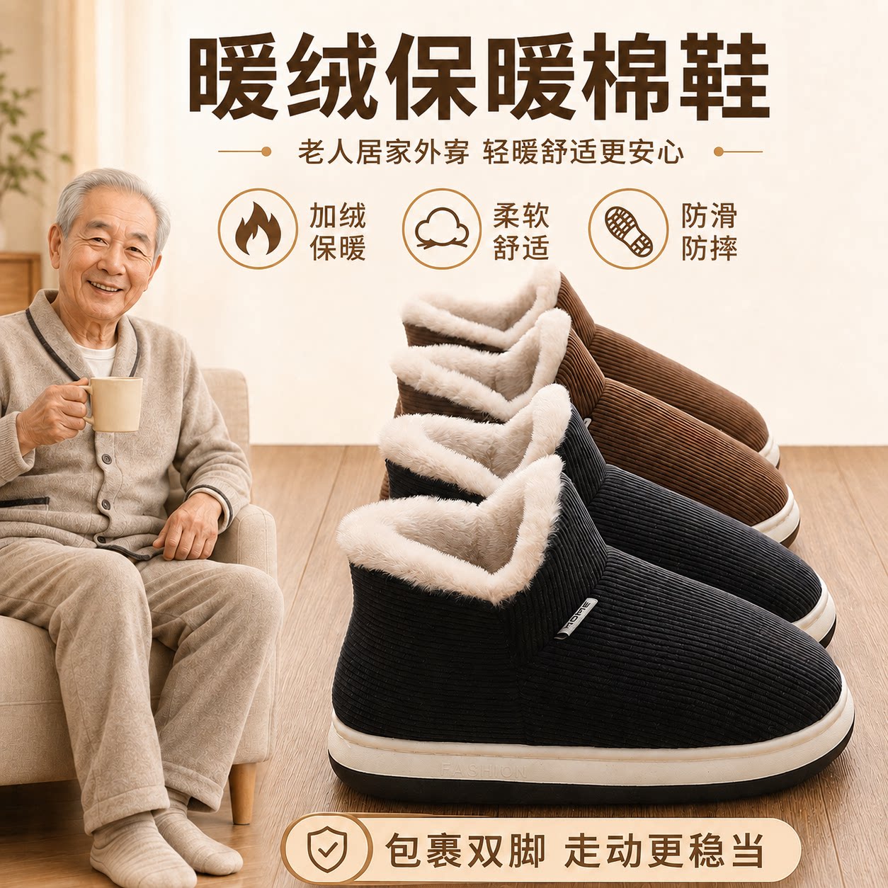 中老年高帮棉拖鞋男士冬季外穿包跟厚底防滑防摔加绒保暖棉鞋女款