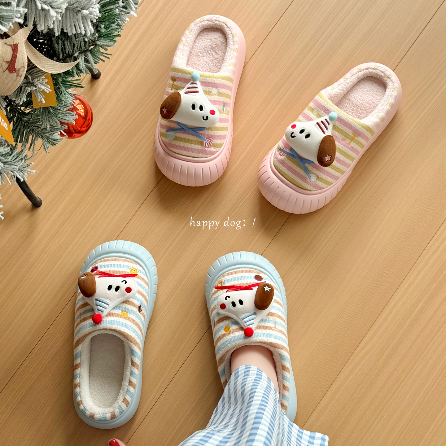 圣诞帽可爱小狗棉拖鞋女加绒保暖