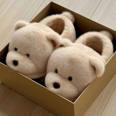 小熊包跟棉拖鞋女冬外穿保暖