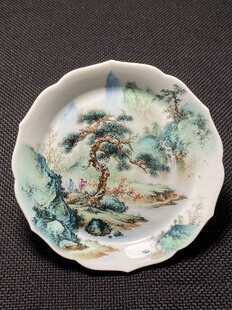 江西省高工艺美术师王钢手绘釉上青绿彩山水壶承杯垫11cm高2.6cm