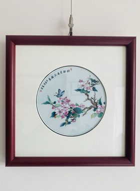 釉上彩内径22cm瓷板画景德镇高陶瓷美术师夏芳手绘海棠花