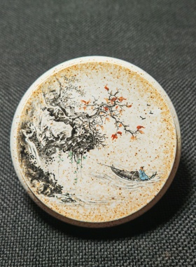 江西省高级工艺美术师王钢手绘釉上墨彩颜色釉山水盖置绘9CM茶器