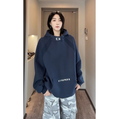 白花灰色高领连帽卫衣男女秋冬美式拼接刺绣外套boxy硬挺内搭套头