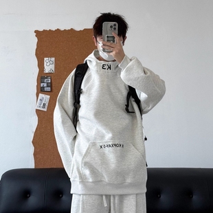 白花灰色高领连帽卫衣男女秋冬美式 拼接刺绣外套boxy硬挺内搭套头