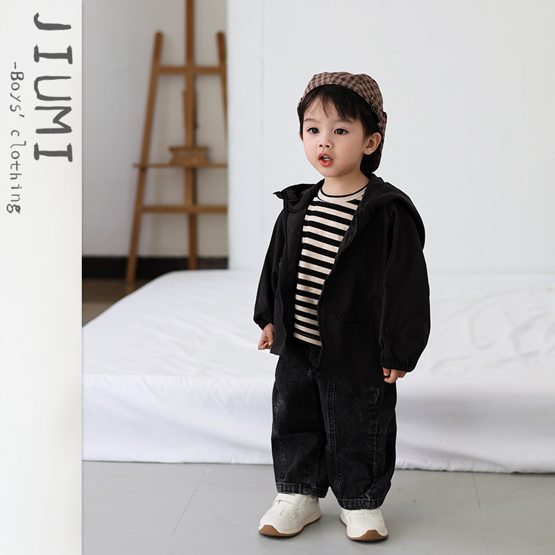 儿童春款连帽防风夹克男宝经典条纹长袖打底衫男童复古拼接牛仔裤
