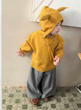 儿童秋新款韩版连帽毛衣宝宝时尚百搭针织衫小童休闲毛呢裤子套装