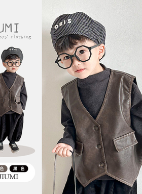 男童擦色工艺皮马甲2026春季新款森系复古风灯笼裤半高领打底衫潮