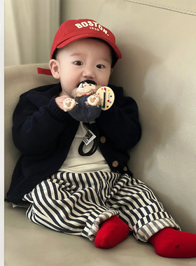 儿童新款韩毛衣针织开衫外套男童竹节棉上衣男宝时尚条纹裤子套装