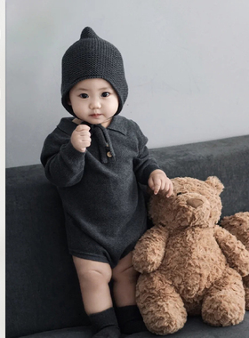 婴儿简约针织翻领包屁衣宝宝柔软长袖连体衣新生儿休闲三角哈衣潮