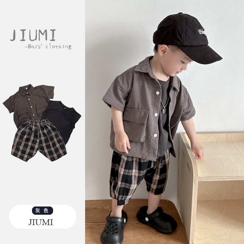 男童夏季套装小童时髦工装衬衫棉麻短袖上衣儿童无袖背心痞帅童装