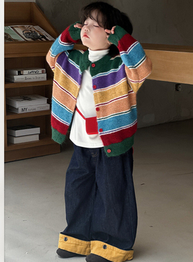 男女童复古彩虹条纹针织开衫宝宝抓绒高领内搭男女宝时尚洋气套装