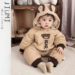 婴儿冬装 加厚保暖外出哈衣男童卡通爬服 加绒可爱连体棉服男宝冬季
