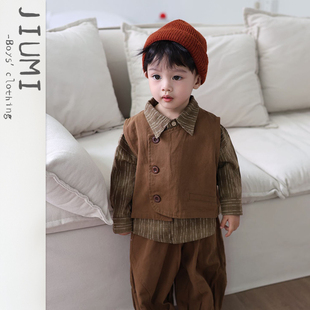 男宝宝百搭马甲帅气套装 男童2025秋季 儿童森系休闲裤 条纹衬衫 新款