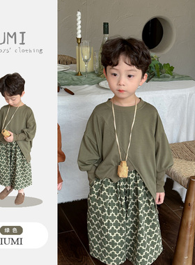 童装2026春季新款儿童不规则长袖开叉T恤 男宝韩版花朵直筒裤套装