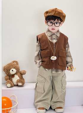 男童春季韩版无袖背心儿童格子长袖棉质衬衫男宝森系复古休闲套装