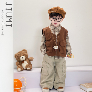 男宝森系复古休闲套装 男童春季 棉质衬衫 背心儿童格子长袖 韩版 无袖