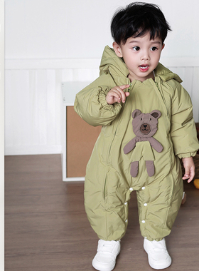 男宝冬季夹棉连体衣男宝宝卡通小熊外出爬服新生儿童超萌加厚哈衣