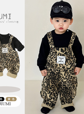 男宝宝黄色豹纹潮流背带裤2026春季新款韩版洋气新生儿外出爬哈服
