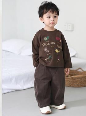 儿童春季新款休闲百搭T恤男宝宝圆领卡通套装男童韩版森系阔腿裤