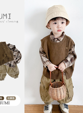 男童春季森系马甲2026新款儿童毛衣格子衬衫男宝宝痞帅童装套装潮