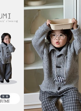 男童2026春装韩版高领打底衫百搭翻领针织衫外套宽松休闲裤套装潮