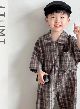 儿童格子衬衫连体衣2026夏季新款男宝韩版个性薄款连体裤子夏装潮