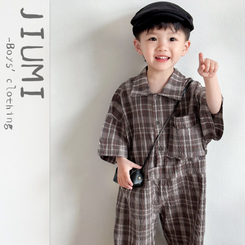 JIUMI童装夏潮酷格子衬衫连体衣