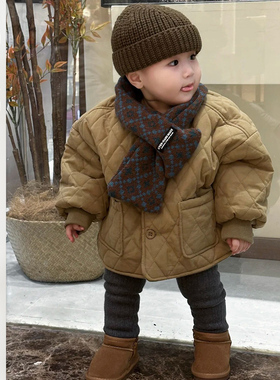 男童冬季洋气加厚棉衣外套儿童韩版菱形格棉袄男女童收口保暖棉服