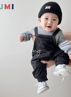 男宝宝春装连体衣新款假两件哈衣儿童针织牛仔爬爬服婴儿春季衣服