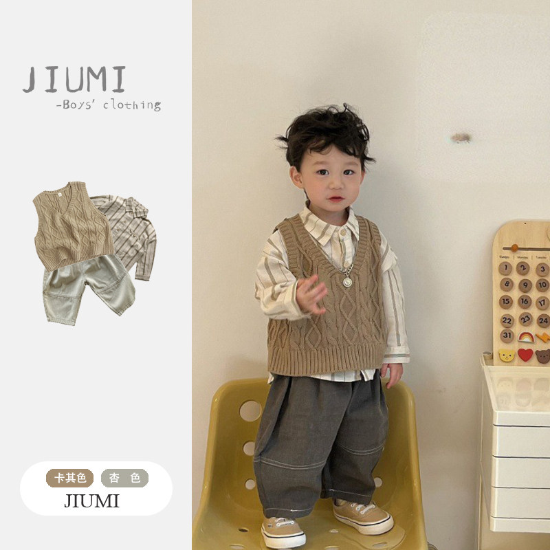 男童秋秋2026新款竖条纹衬衫男宝韩版外搭针织背心宽松阔腿哈伦裤,童装/婴儿装/亲子装,套装,淘宝优惠券,粉丝福利购,淘宝优惠卷
