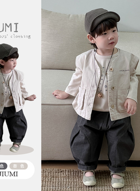 男童韩式杏色马甲2026春季新款潮流洋气卫衣灰色宽松休闲裤三件套