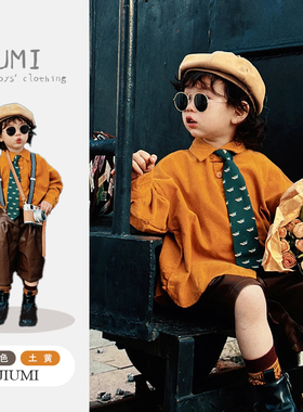 男童韩版翻领灯芯绒上衣2026春季新品儿童纯色森系复古中裤潮流帅