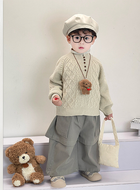 儿童春季韩版针织毛衣小童宽松阔腿裤长裤男宝宝日系洋气休闲套装