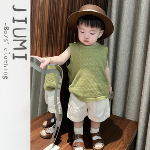 男童毛衣25夏季 背心儿童复古百搭五分裤 休闲中裤 洋气镂空针织无袖