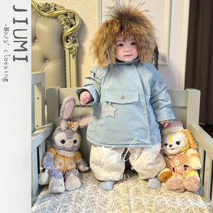 男孩连帽两件套 子套装 儿童大毛领魔法尖尖帽羽绒服宝宝韩版 休闲裤