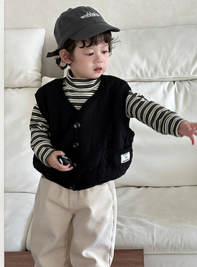 儿童冬季双层棉马甲套装宝宝洋气条纹打底衫婴儿加厚保暖三件套潮
