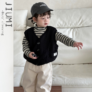 婴儿加厚保暖三件套潮 宝宝洋气条纹打底衫 儿童冬季 双层棉马甲套装